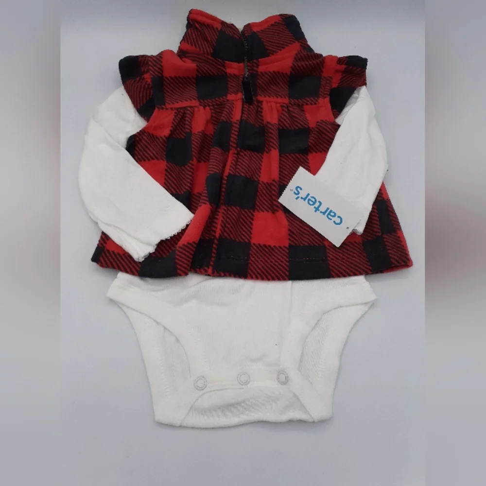 NWT CARTER'S BABY GIRL PLAID 3PC PANTS VEST BODYSUIT SET SIZE 6M + XMAS BIB
